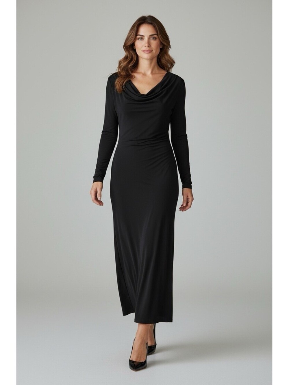 Vintage Liz Claiborne 4 Black Drop Waist Dress Long Chiffon Slv Draped Neck 90s